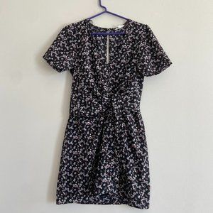 Black Floral Mini Dress with Waist Tie